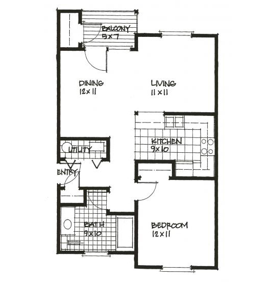 1 Bed 1 Bath 1 Level Rendering