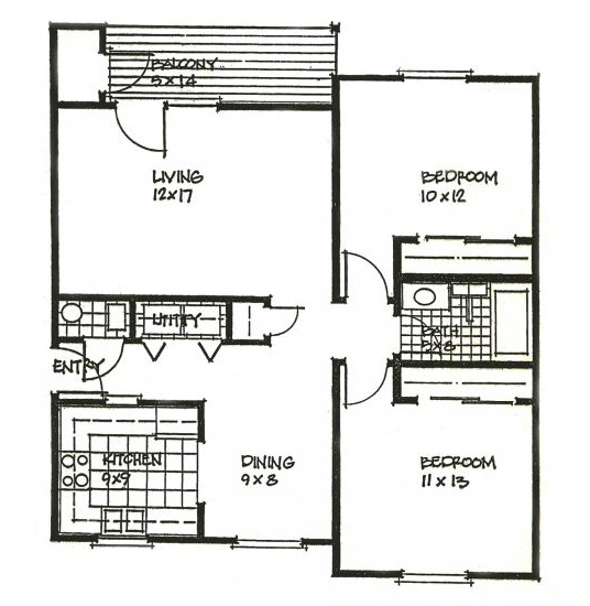 2 Bed 1 Bath 1 Level Rendering